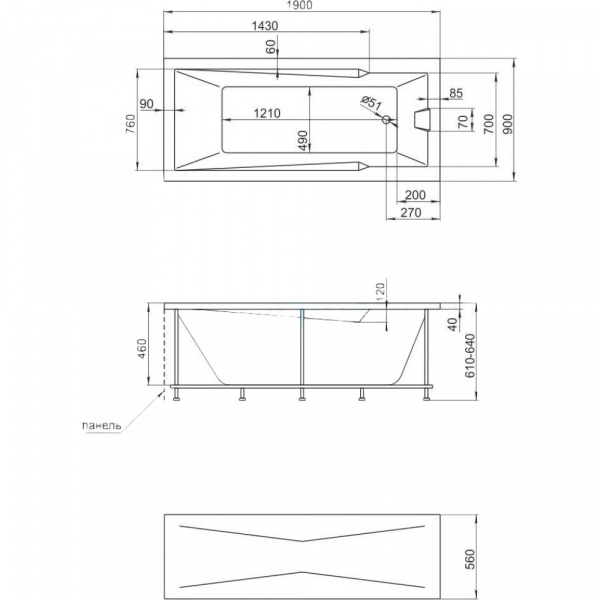 Ванна акриловая 1Marka RAGUZA 01ра1990 190x90 см. 
