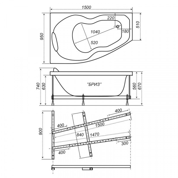 Ванна акриловая Triton БРИЗ  150x95 см. левая 