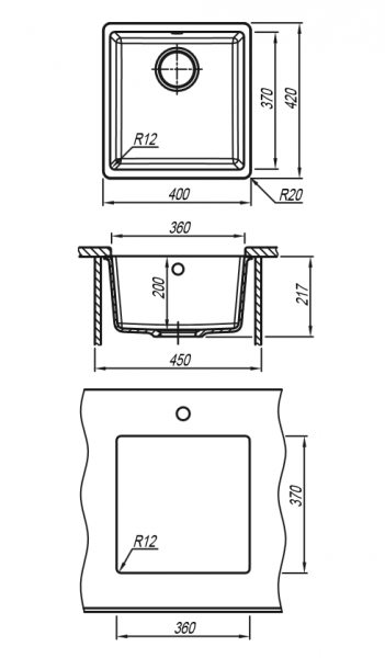 Мойка кухонная керамогранитная Florentina ВЕГА 360 22.310.B0360.302 40*42 см. антрацит