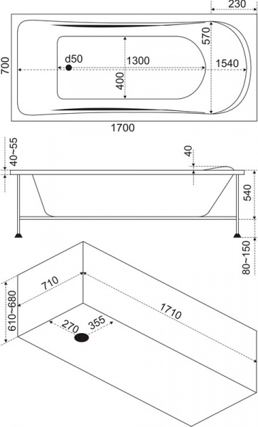 Ванна акриловая BAS АТЛАНТА В 00003 170x70 см. 